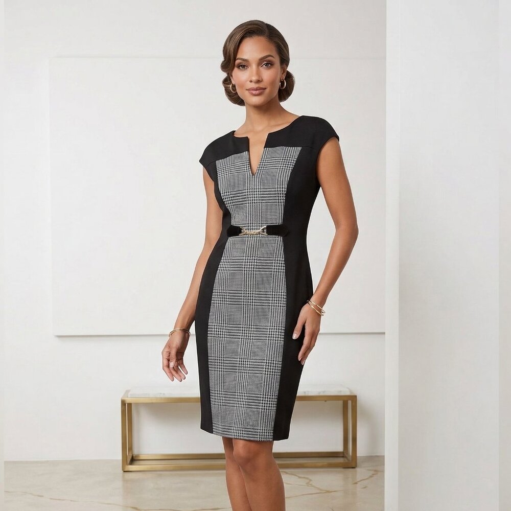 Connected Apparel Black and Gray Gingham Plaid Sheath Dress Size Medium - Picture 3 of 7